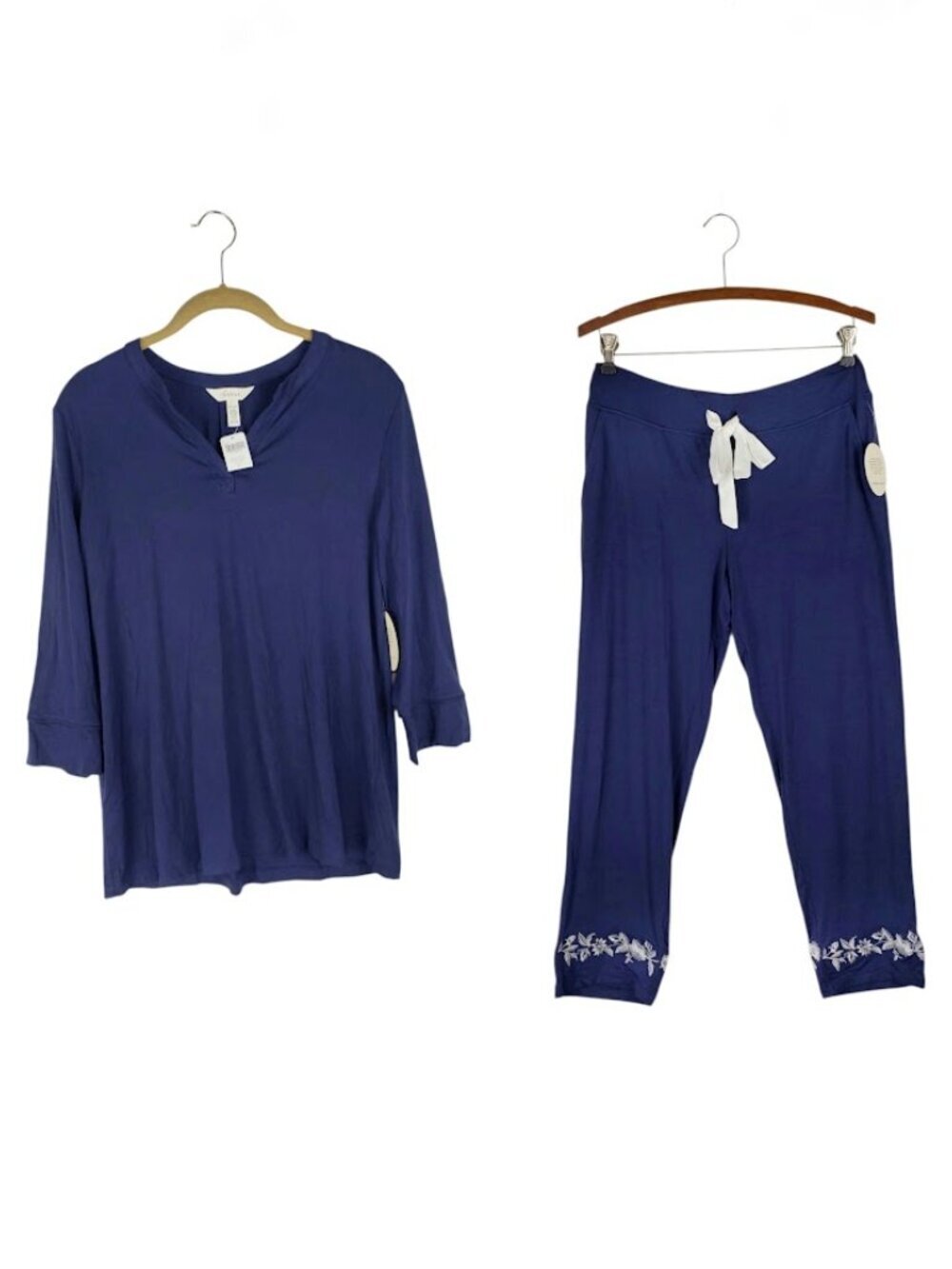 Soma NWT Cool Nights Pajama Set Pants & Top Navy Blue Embroidered Womens Medium